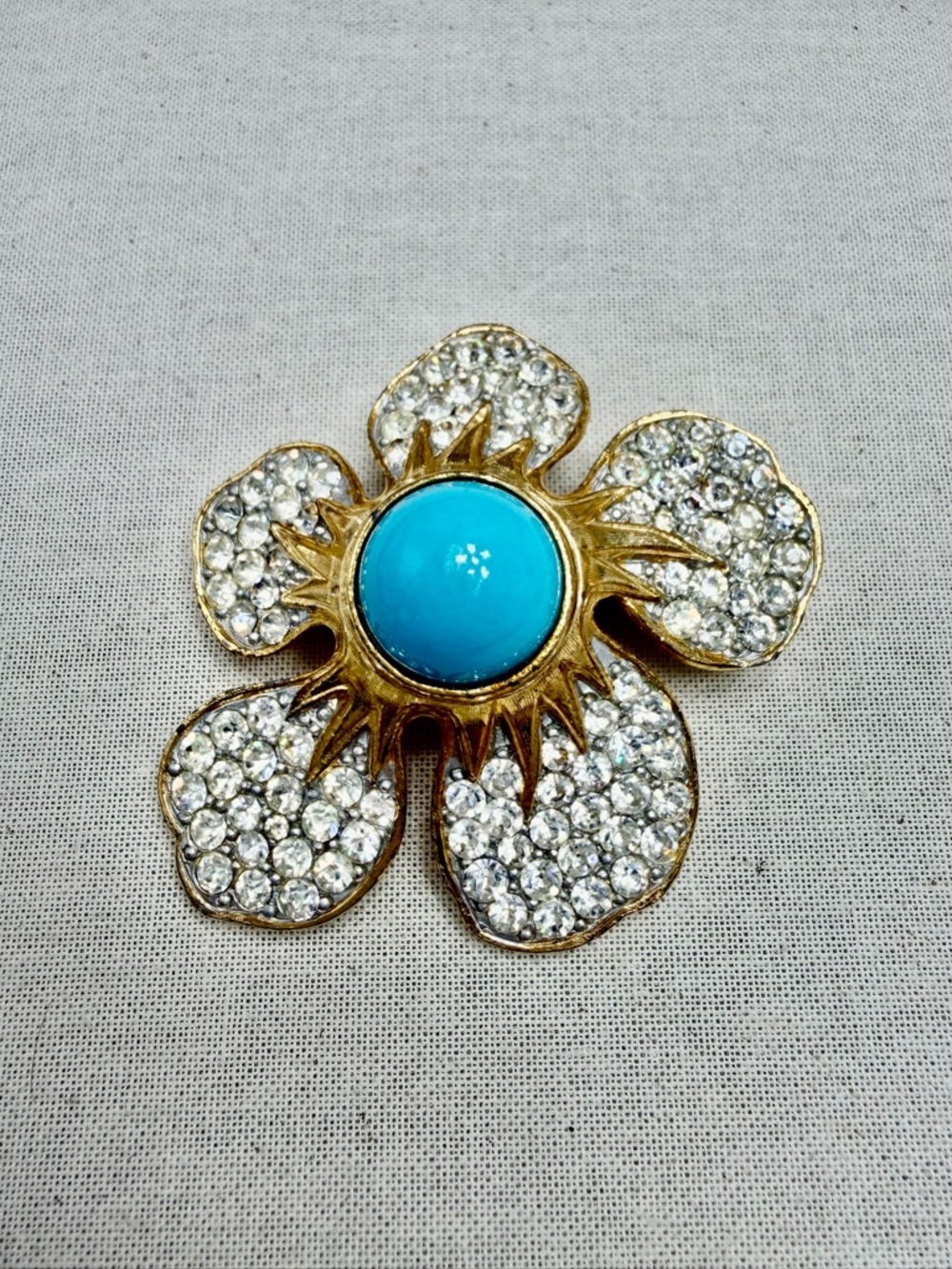 Vintage Boucher Floral Crystal Brooch with Turquoise Blue Center  #51SB
